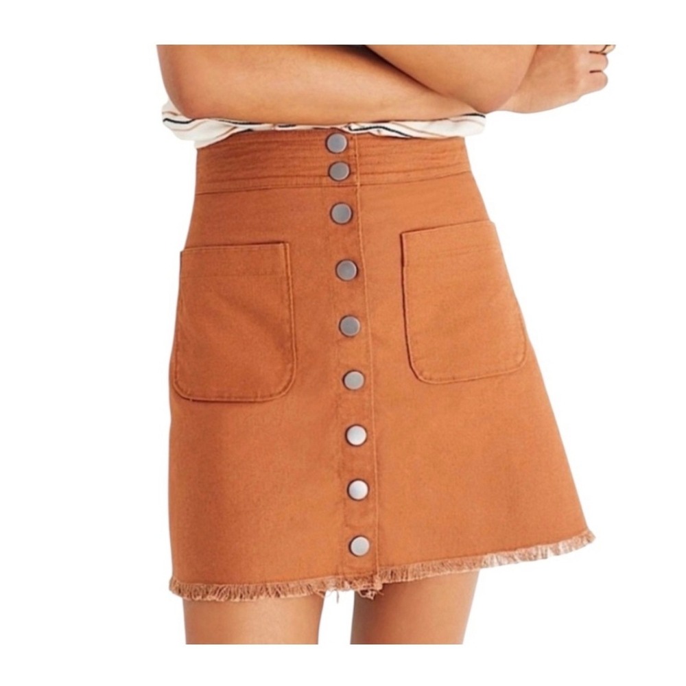 Madewell Button-Front Mini Skirt Canvas Boho Cinnamon 10 Raw Fringe Hem